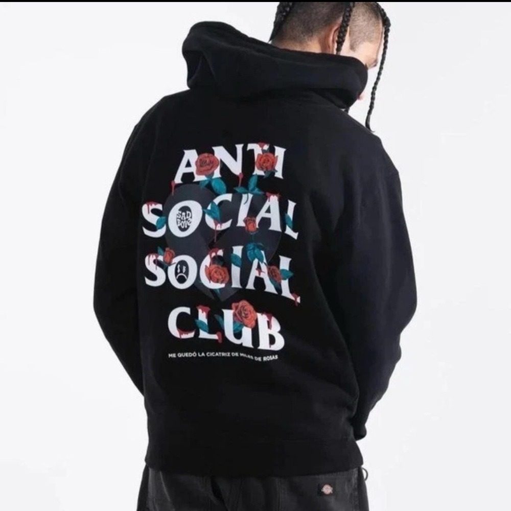 Anti Social Social Club Black Hoodie with Floral Accents NWT - Picture 1 of 4